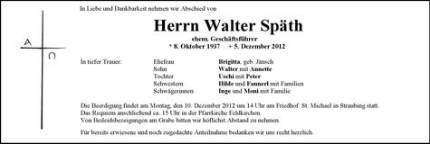 Traueranzeige Walter Späth