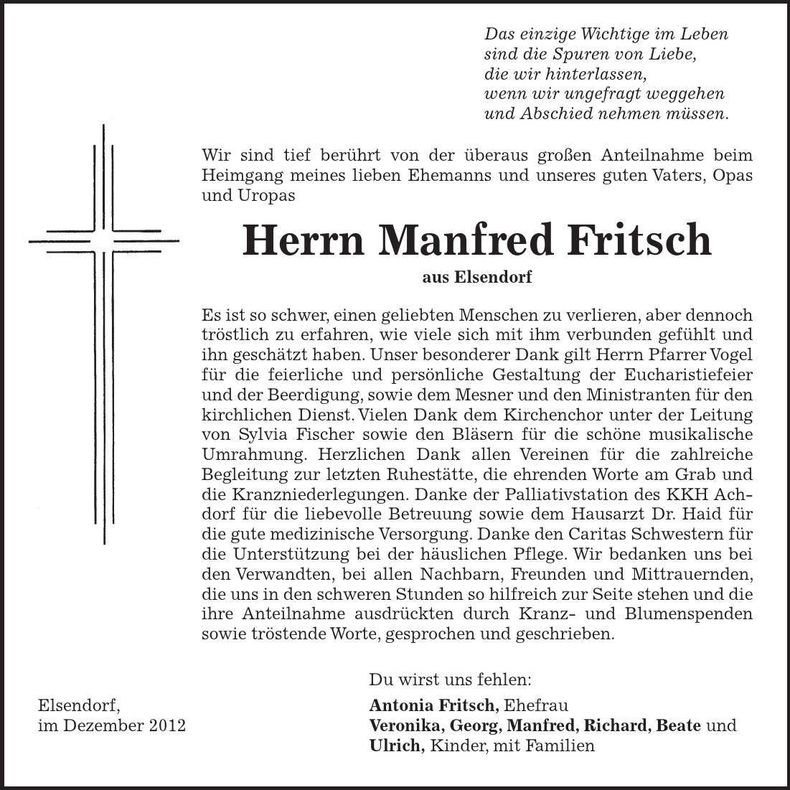 Traueranzeige Manfred Fritsch