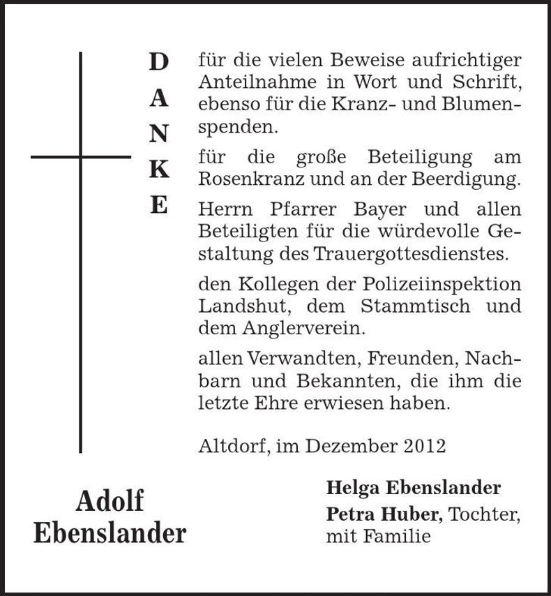 Traueranzeige Adolf Ebenslander