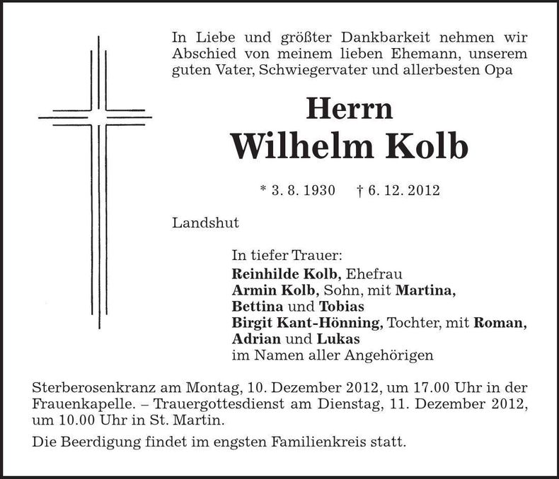 Traueranzeige Wilhelm Kolb