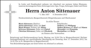 Traueranzeige Anton Sittenauer