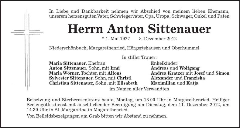 Traueranzeige Anton Sittenauer