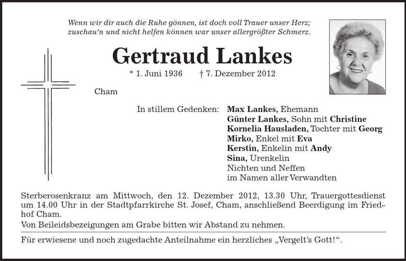 Traueranzeige Gertraud Lankes