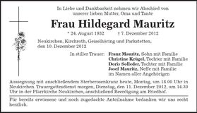 Traueranzeige Hildegard Mauritz