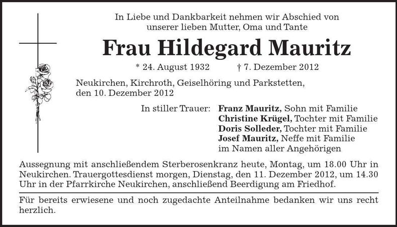 Traueranzeige Hildegard Mauritz