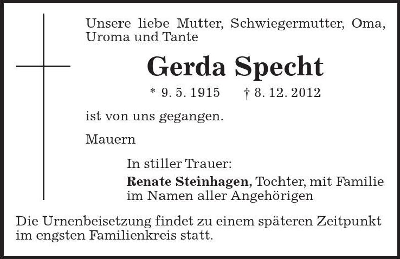 Traueranzeige Gerda Specht