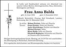 Traueranzeige Anna Balda