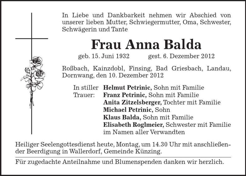 Traueranzeige Anna Balda