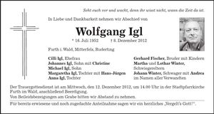 Traueranzeige Wolfgang Igl