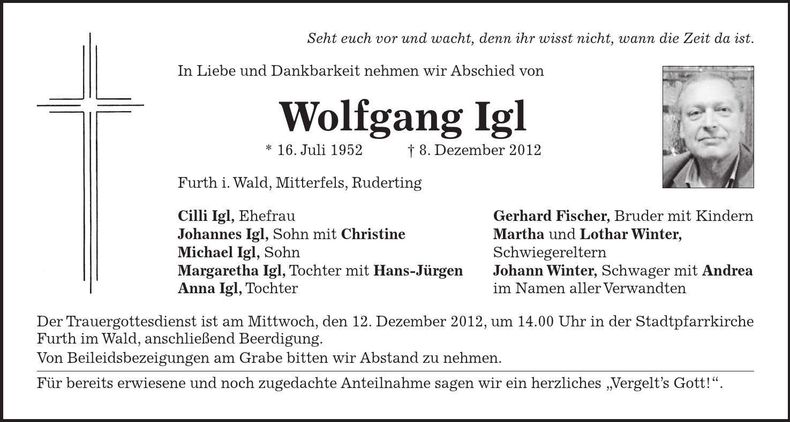 Traueranzeige Wolfgang Igl
