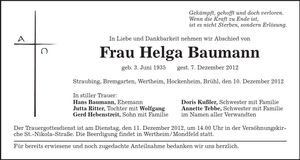 Traueranzeige Helga Baumann