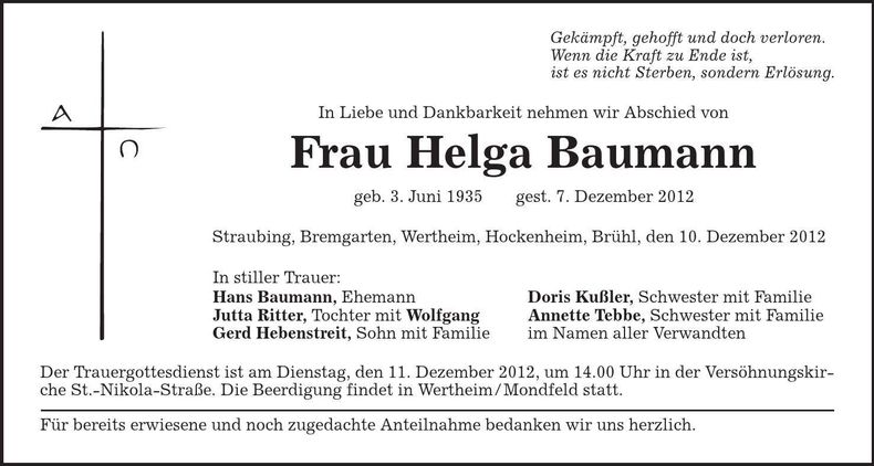 Traueranzeige Helga Baumann