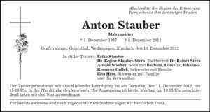 Traueranzeige Anton Stauber