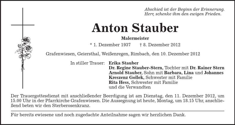 Traueranzeige Anton Stauber