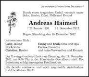 Traueranzeige Andreas Haimerl