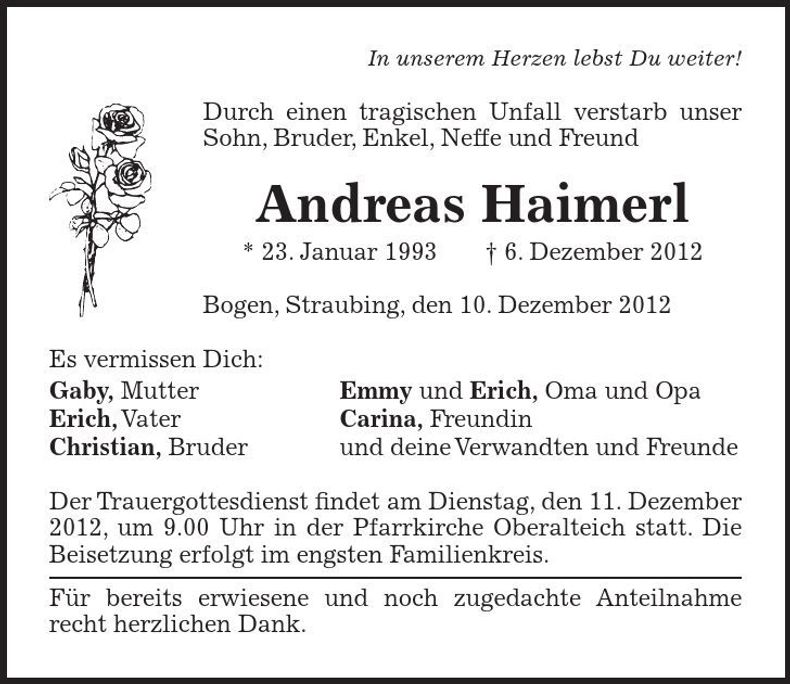 Traueranzeige Andreas Haimerl
