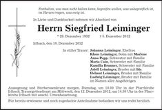 Traueranzeige Siegfried Leiminger