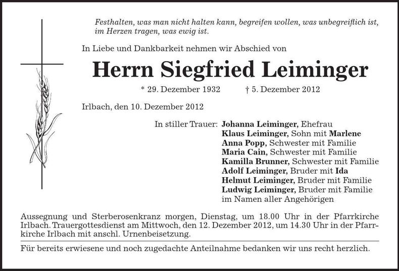 Traueranzeige Siegfried Leiminger