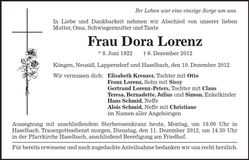 Traueranzeige Dora Lorenz