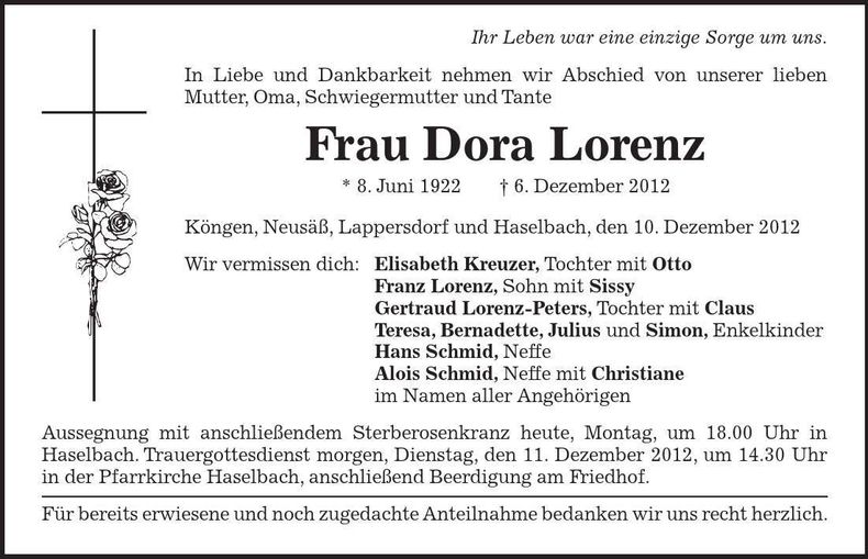 Traueranzeige Dora Lorenz