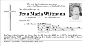 Traueranzeige Maria Wittmann