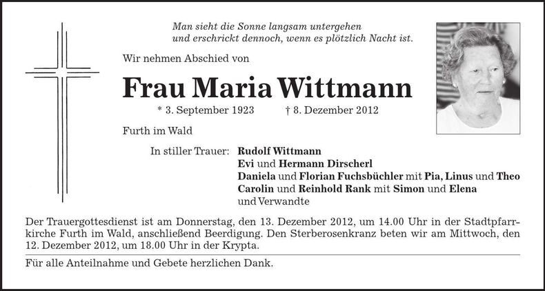 Traueranzeige Maria Wittmann