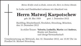 Traueranzeige Matwej Karpotschew