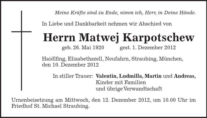 Traueranzeige Matwej Karpotschew