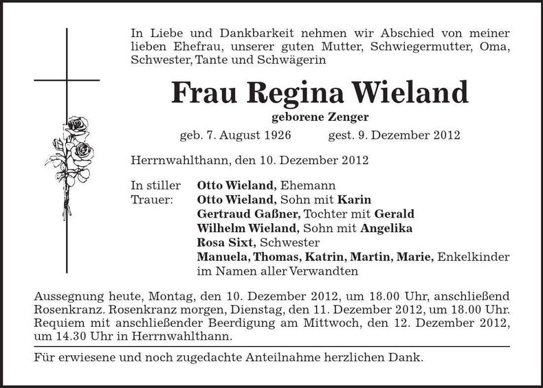 Traueranzeige Regina Wieland