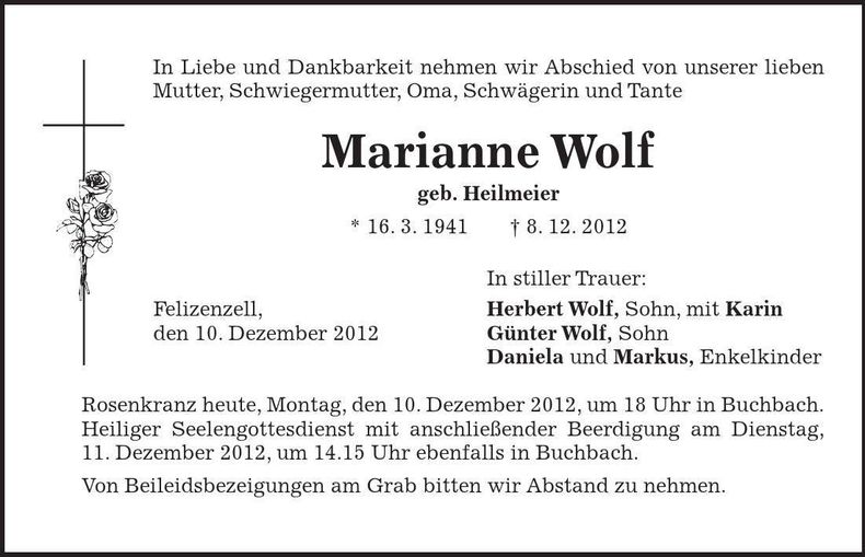 Traueranzeige Marianne Wolf