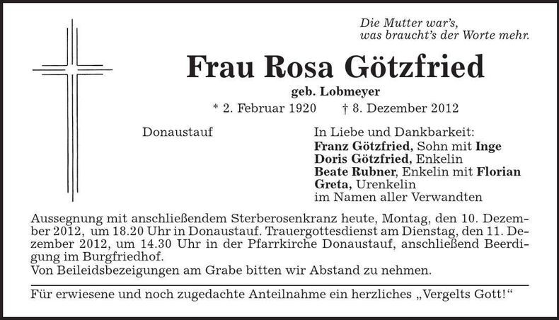 Traueranzeige Rosa Götzfried