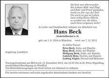 Traueranzeige Hans Beck