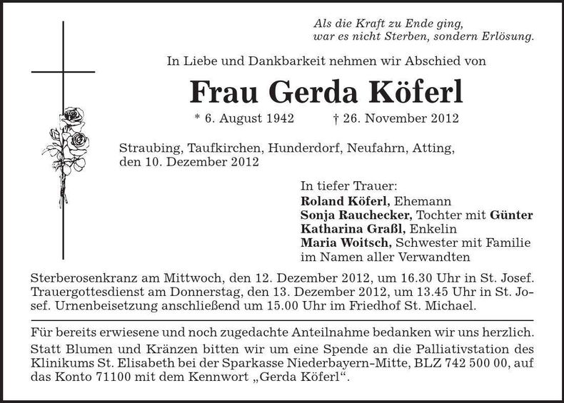 Traueranzeige Gerda Köferl