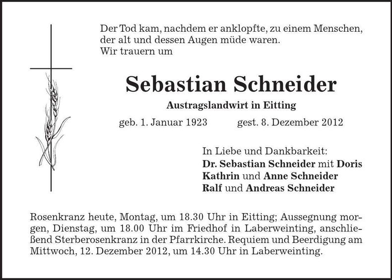 Traueranzeige Sebastian Schneider