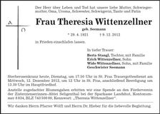 Traueranzeige Theresia Wittenzellner