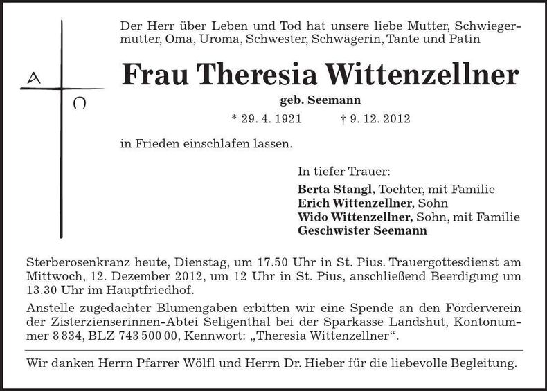 Traueranzeige Theresia Wittenzellner