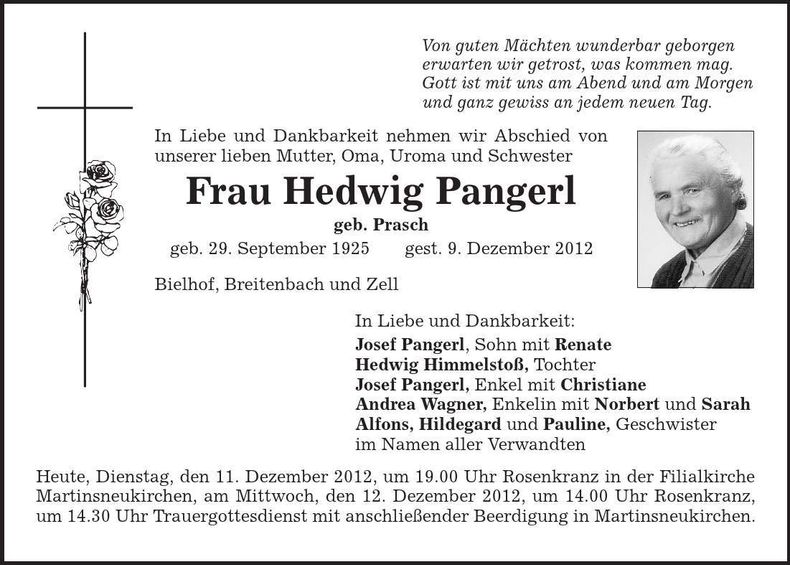 Traueranzeige Hedwig Pangerl
