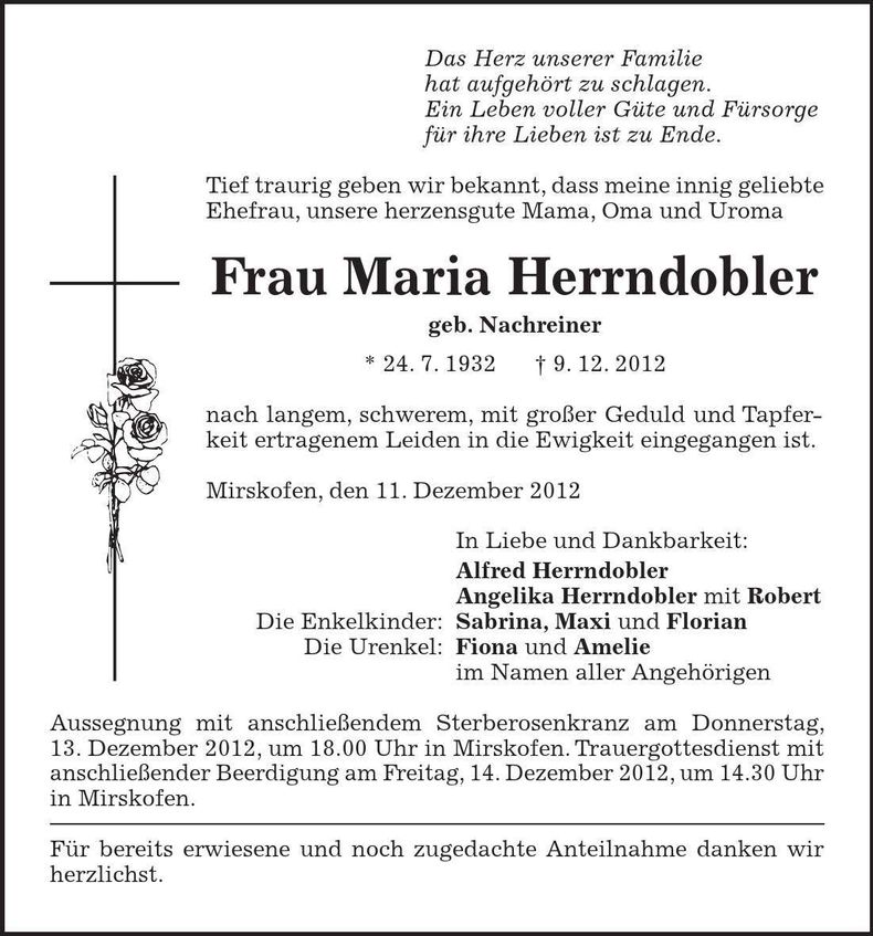 Traueranzeige Maria Herrndobler