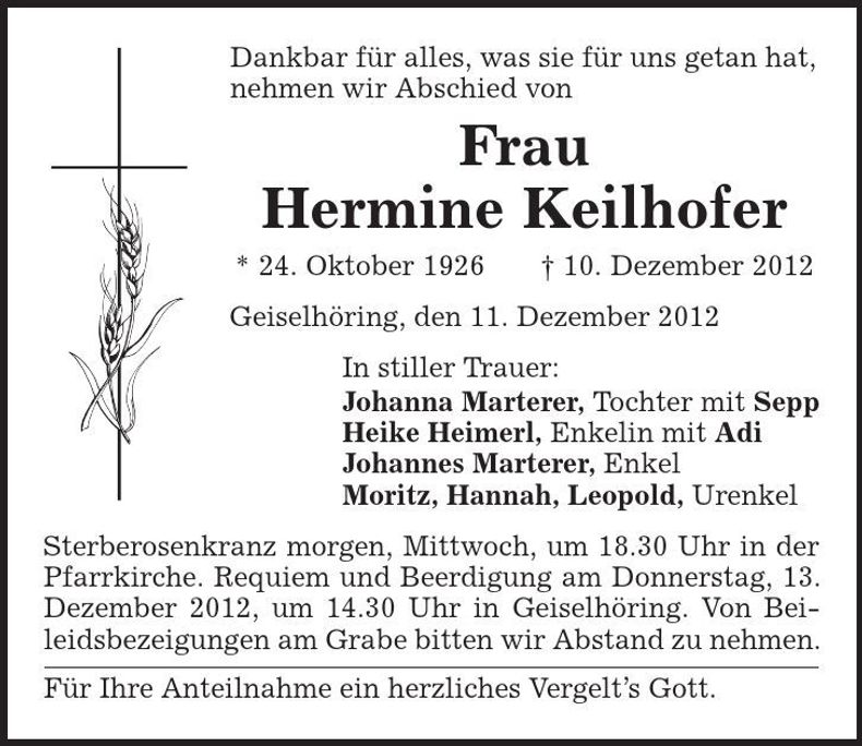 Traueranzeige Hermine Keilhofer