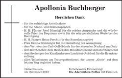 Traueranzeige Apollonia Buchberger