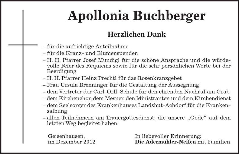 Traueranzeige Apollonia Buchberger