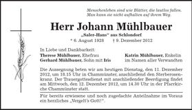 Traueranzeige Johann Mühlbauer