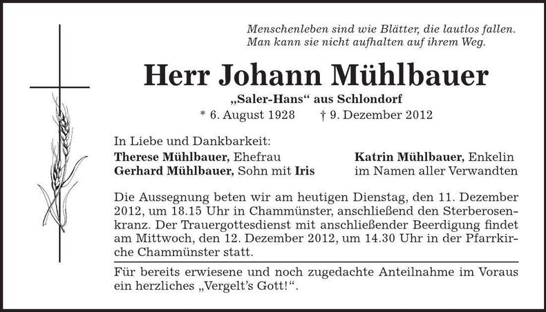 Traueranzeige Johann Mühlbauer