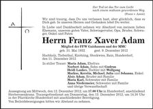 Traueranzeige Franz Xaver Adam
