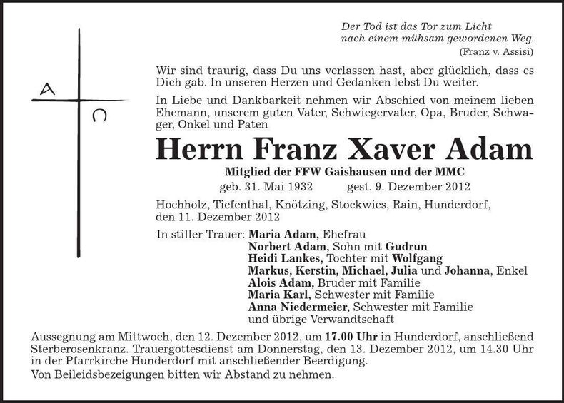 Traueranzeige Franz Xaver Adam