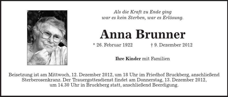 Traueranzeige Anna Brunner