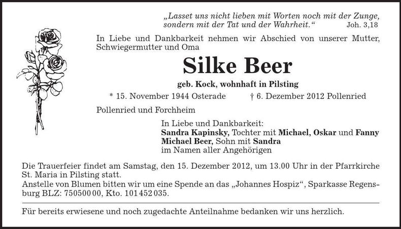 Traueranzeige Silke Beer