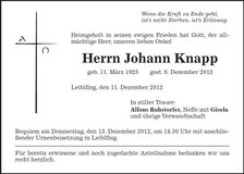 Traueranzeige Johann Knapp