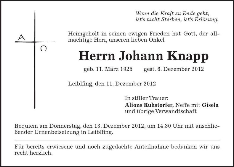 Traueranzeige Johann Knapp