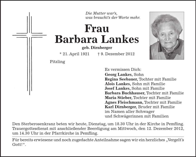 Traueranzeige Barbara Lankes